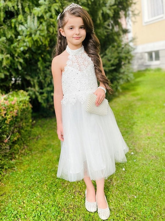 A-Line/Princess Tulle Lace Halter Sleeveless Knee-Length Flower Girl Dresses DEP0007550