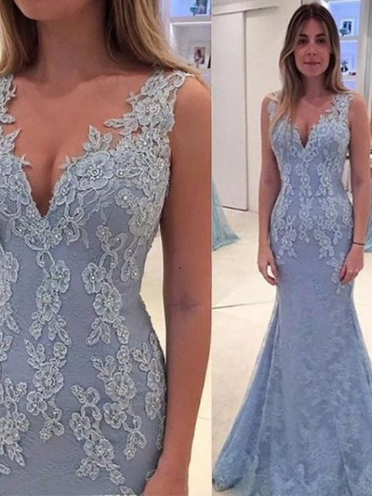 Trumpet/Mermaid V-neck Sleeveless Applique Sweep/Brush Train Lace Dresses DEP0002257