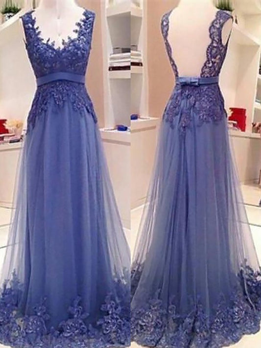 A-Line/Princess Sleeveless V-neck Tulle Applique Floor-Length Dresses DEP0002147