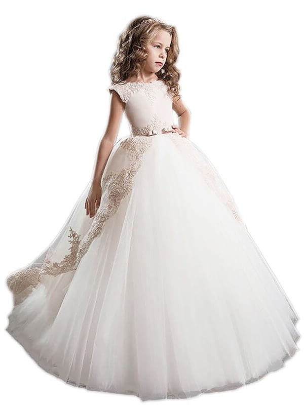 Ball Gown Scoop Tulle Applique Floor-Length Sleeveless Flower Girl Dresses DEP0007534