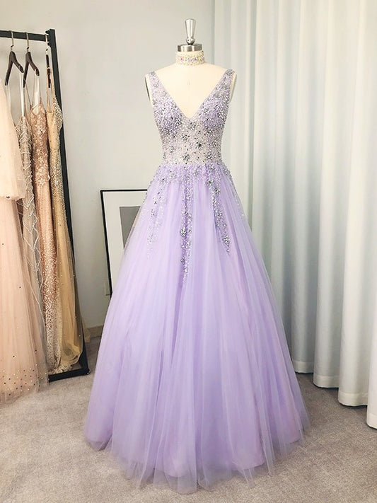 A-Line/Princess Tulle Beading V-neck Sleeveless Floor-Length Dresses DEP0001531