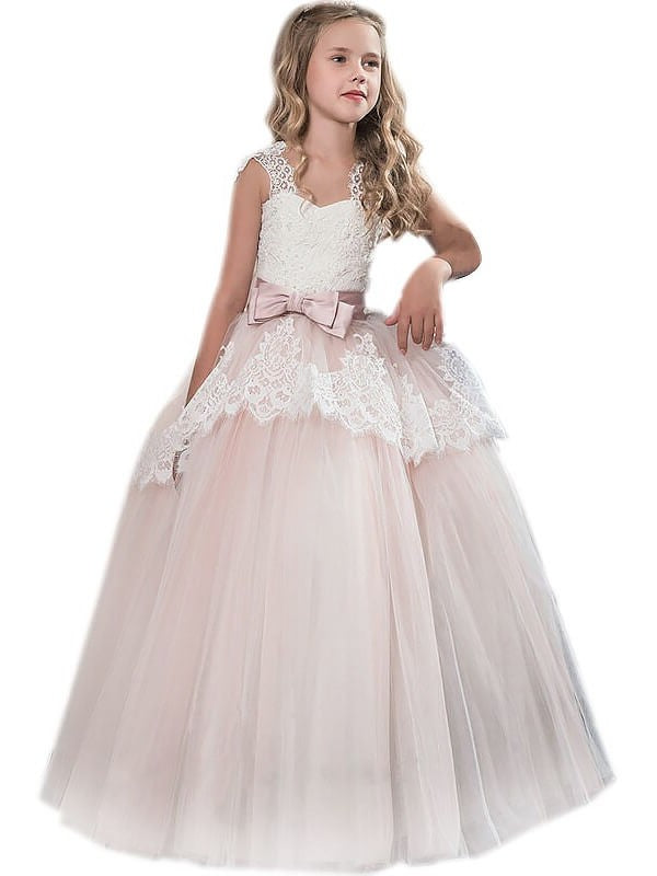 Ball Gown Sweetheart Sleeveless Bowknot Floor-Length Tulle Flower Girl Dresses DEP0007633