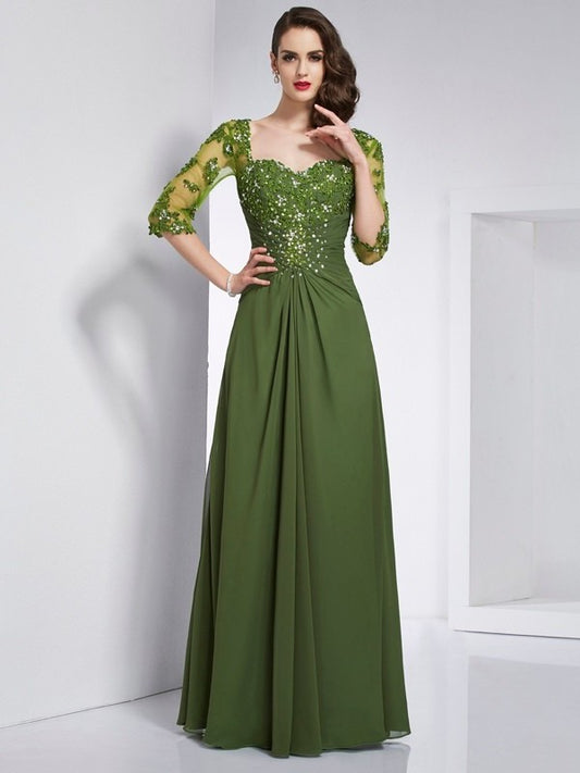 A-Line/Princess Sweetheart 3/4 Sleeves Beading Long Chiffon Dresses DEP0002436