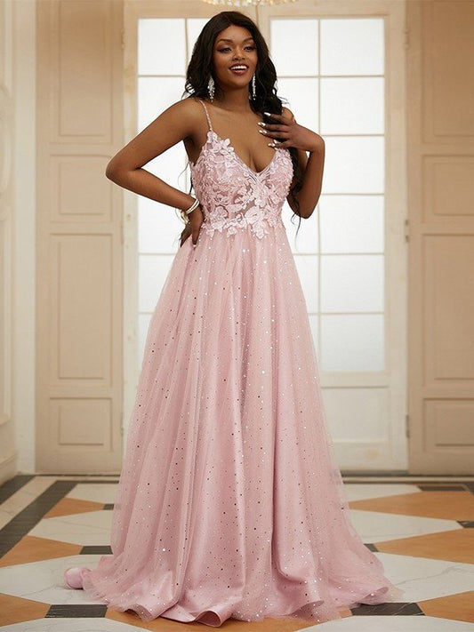 A-Line/Princess Tulle Applique V-neck Sleeveless Sweep/Brush Train Dresses DEP0001667