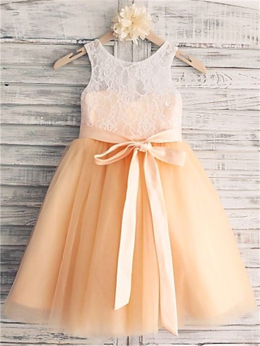 A-line/Princess Sleeveless Scoop Sash/Ribbon/Belt Tea-Length Tulle Flower Girl Dresses DEP0007699