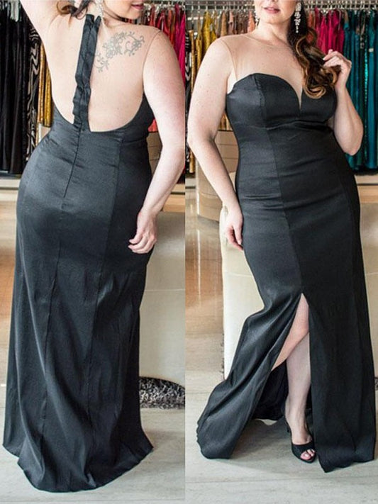 Sheath/Column Sweetheart Sleeveless Ruched Floor-Length Elastic Woven Satin Plus Size Dresses DEP0004247