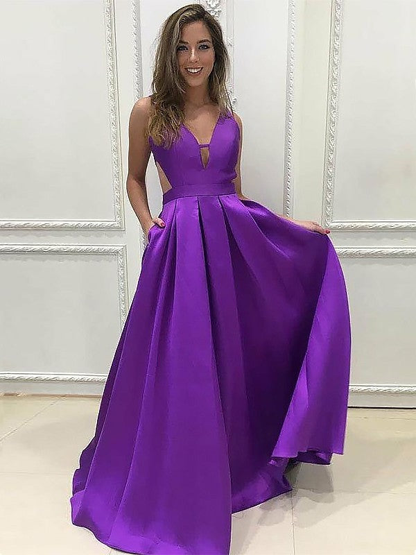 A-Line V-neck Sleeveless Sweep/Brush Train With Ruffles Satin Dresses DEP0002155