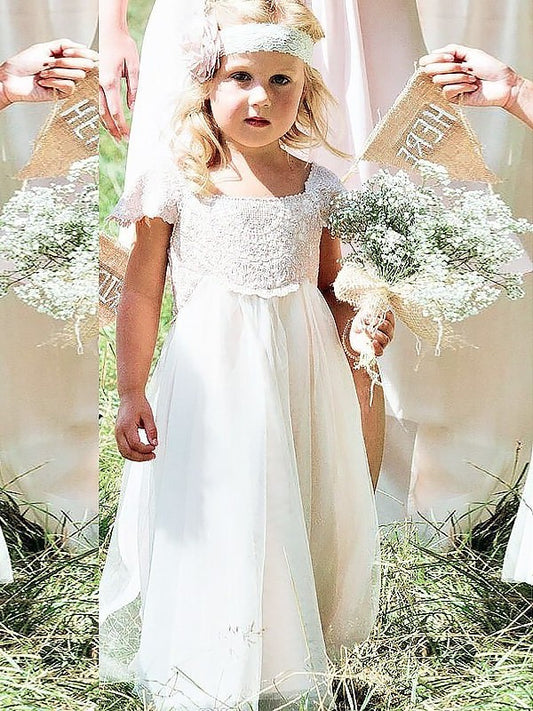 A-line/Princess Square Short Sleeves Lace Floor-Length Chiffon Flower Girl Dresses DEP0007564