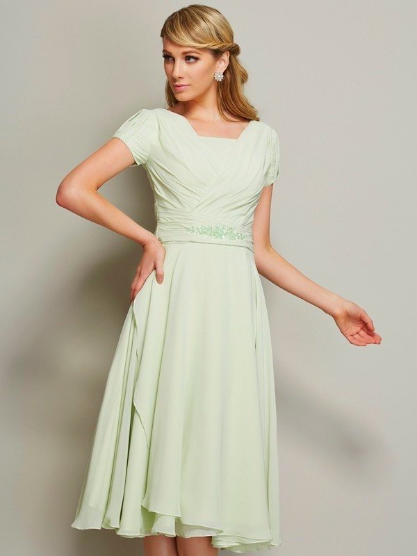 Sheath/Column Bateau Short Sleeves Ruffles Short Chiffon Bridesmaid Dresses DEP0005029