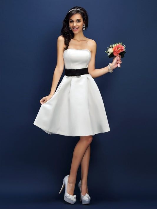 A-Line/Princess Strapless Sash/Ribbon/Belt Sleeveless Short Satin Bridesmaid Dresses DEP0005705