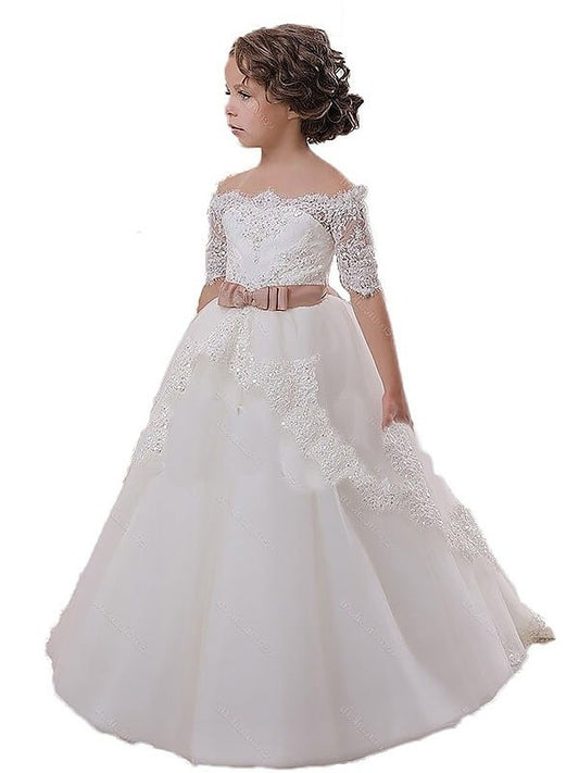 Ball Gown Off-the-Shoulder Short Sleeves Sash/Ribbon/Belt Tulle Flower Girl Dresses DEP0007570