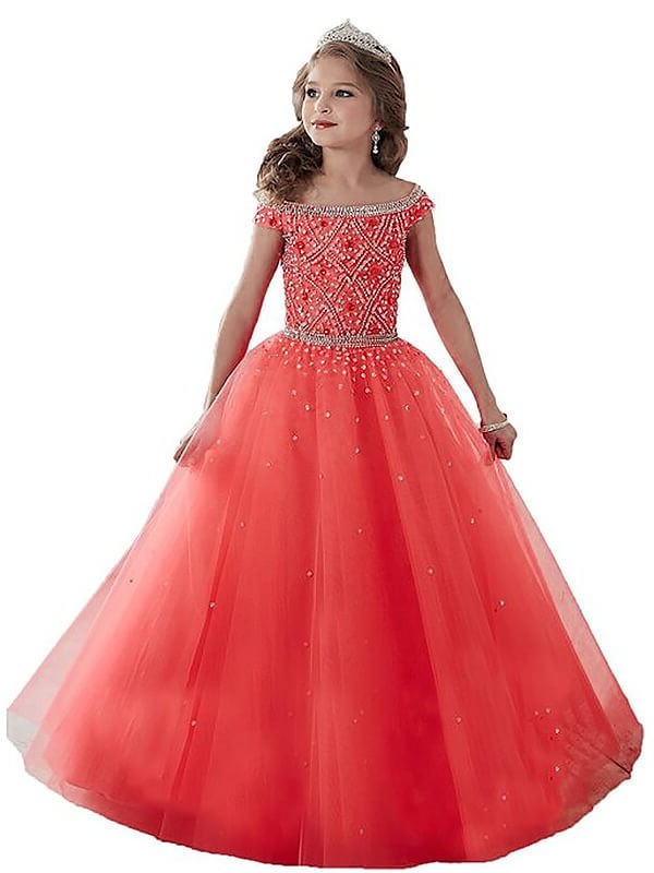 Ball Gown Off-the-Shoulder Sleeveless Beading Floor-Length Tulle Flower Girl Dresses DEP0007563