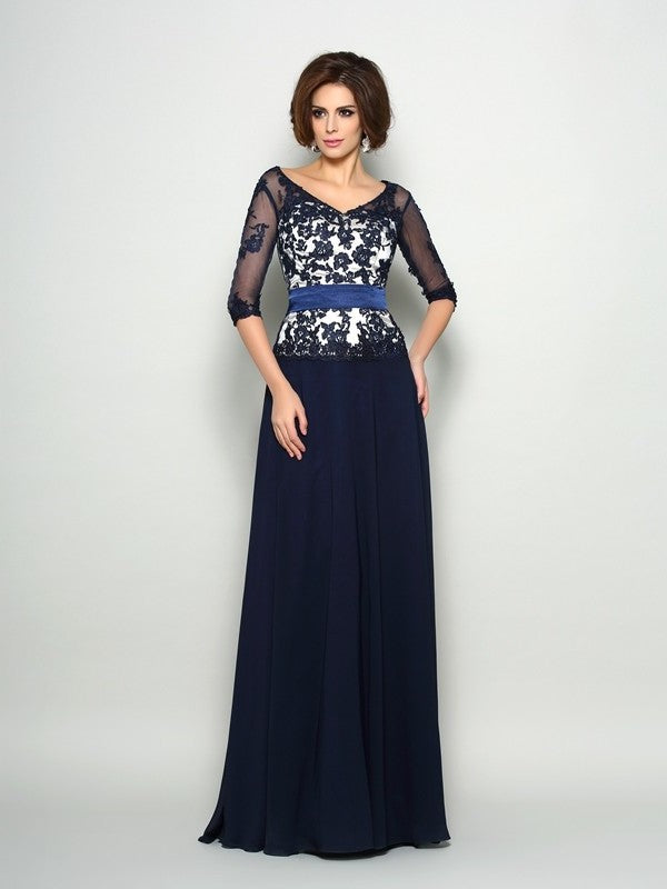 A-Line/Princess V-neck Beading 1/2 Sleeves Long Chiffon Mother of the Bride Dresses DEP0007408