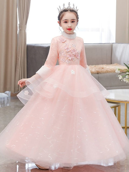 A-Line/Princess Tulle Hand-Made Flower High Neck 3/4 Sleeves Floor-Length Flower Girl Dresses DEP0007505