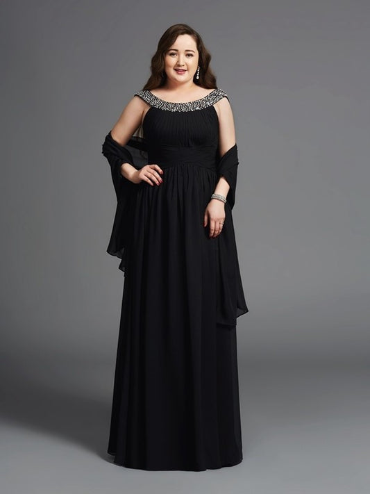 A-Line/Princess Scoop Rhinestone Sleeveless Long Chiffon Plus Size Dresses DEP0002963