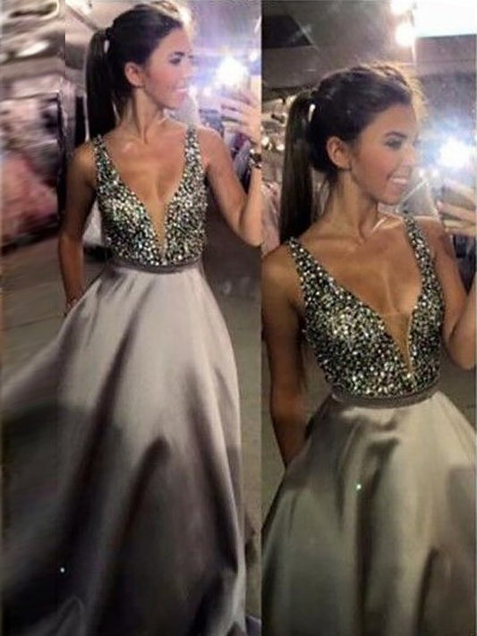 A-Line/Princess V-Neck Sleeveless Sweep/Brush Train Beading Satin Dresses DEP0001955