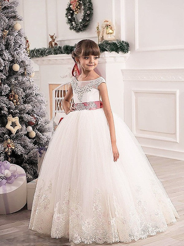 Ball Gown Scoop Sleeveless Sash/Ribbon/Belt Tulle Floor-Length Flower Girl Dresses DEP0007684