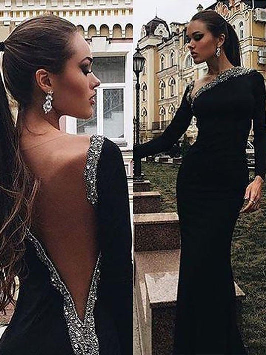 Trumpet/Mermaid Long Sleeves One-Shoulder Spandex Beading Sweep/Brush Train Dresses DEP0001719