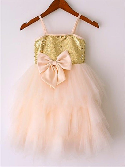 A-line/Princess Spaghetti Straps Sleeveless Sequin Tea-Length Net Flower Girl Dresses DEP0007766