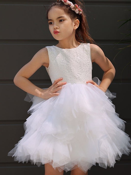 A-Line/Princess Tulle Lace Scoop Sleeveless Short/Mini Flower Girl Dresses DEP0007487