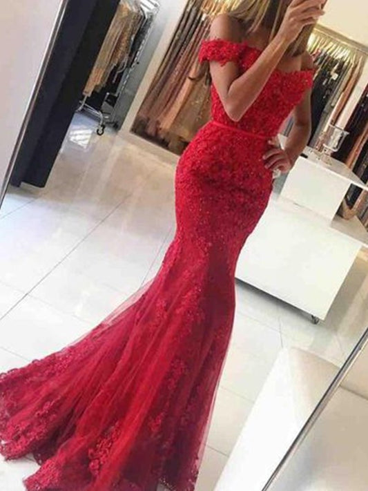 Trumpet/Mermaid Sleeveless Off-the-Shoulder Sweep/Brush Train Tulle Applique Dresses DEP0001722