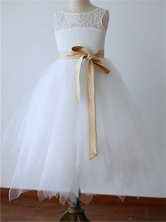 A-line/Princess Scoop Sleeveless Sash/Ribbon/Belt Tea-Length Tulle Flower Girl Dresses DEP0007533