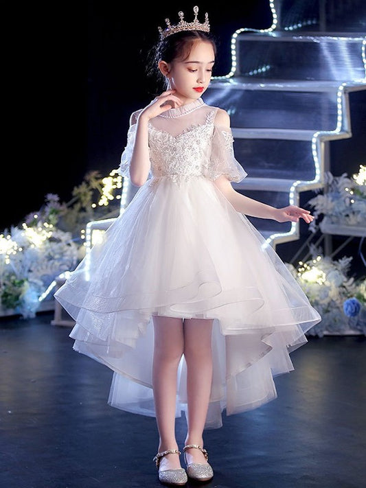 A-Line/Princess Tulle Applique Scoop Short Sleeves Asymmetrical Flower Girl Dresses DEP0007509