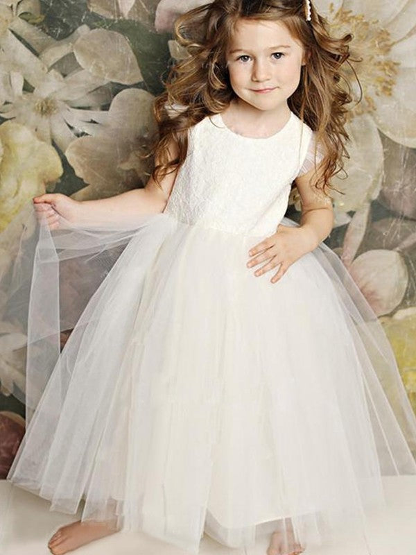 A-Line/Princess Short Sleeves Tulle Lace Scoop Floor-Length Flower Girl Dresses DEP0007911