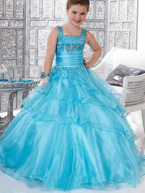 Ball Gown Straps Beading Sleeveless Long Organza Flower Girl Dresses DEP0007778