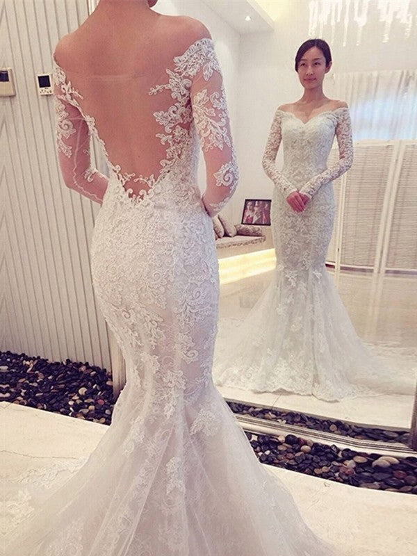 Trumpet/Mermaid Off-the-Shoulder Long Sleeves Lace Chapel Train Wedding Dresses DEP0006082