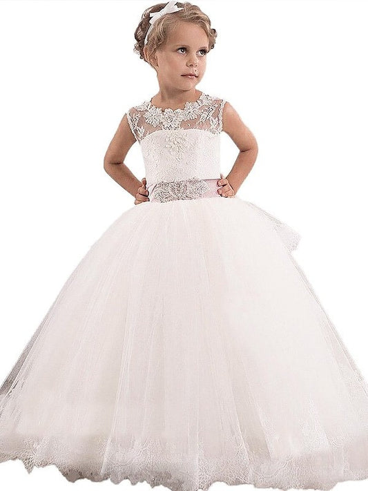 Ball Gown Scoop Sleeveless Lace Floor-Length Tulle Flower Girl Dresses DEP0007581