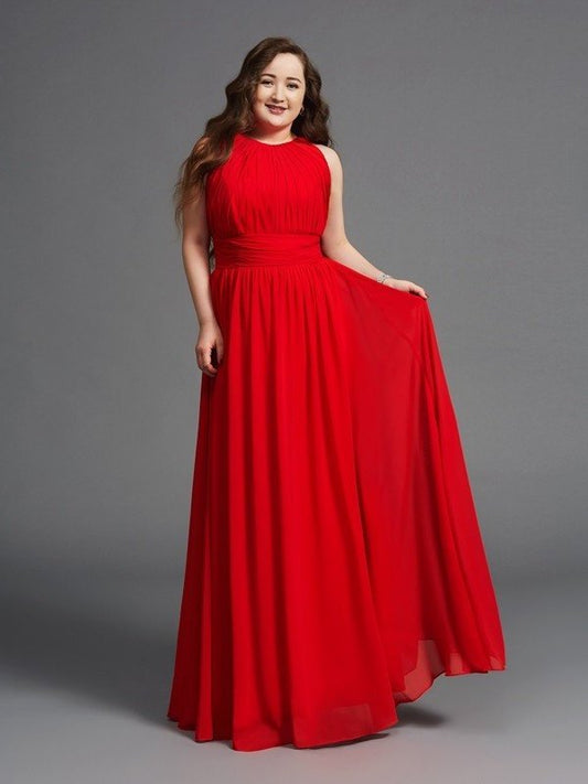 A-Line/Princess Jewel Ruched Sleeveless Long Chiffon Plus Size Dresses DEP0003119