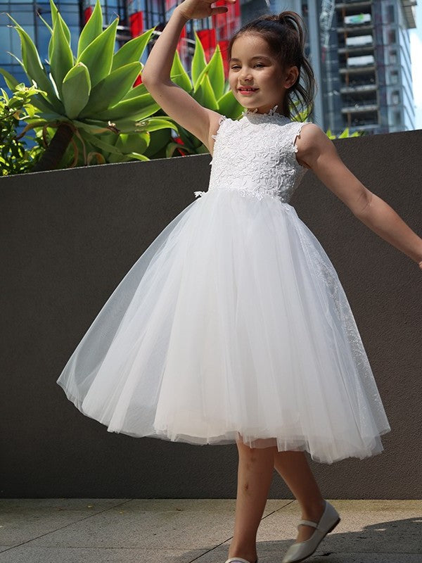 A-Line/Princess Tulle Lace High Neck Sleeveless Knee-Length Flower Girl Dresses DEP0007488