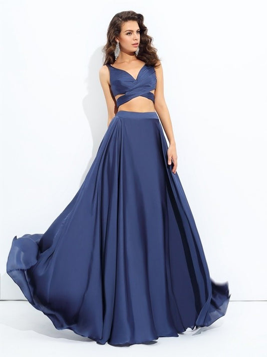 A-line/Princess Straps Sleeveless Long Satin Chiffon Two Piece Dresses DEP0002457