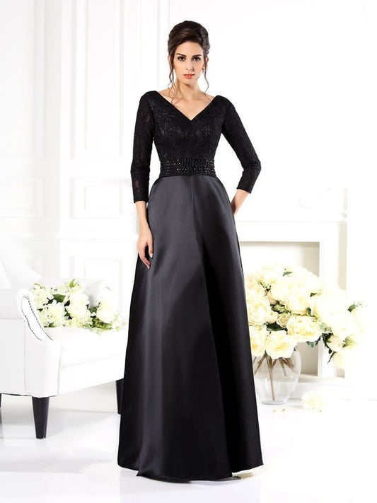 A-Line/Princess V-neck Beading 3/4 Sleeves Long Satin Mother of the Bride Dresses DEP0007195