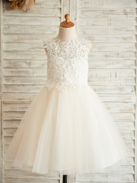 A-Line/Princess Tulle Lace Scoop Sleeveless Knee-Length Flower Girl Dresses DEP0007812