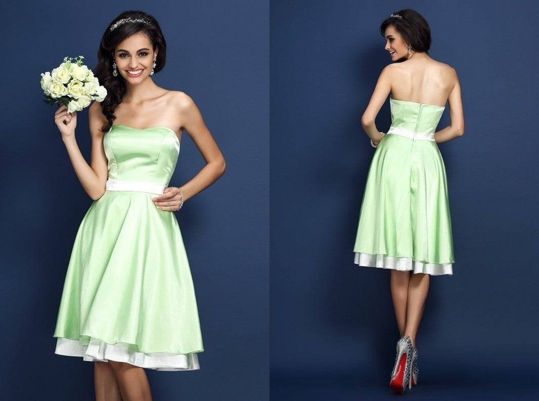 A-Line/Princess Strapless Sleeveless Short Elastic Woven Satin Bridesmaid Dresses DEP0005825