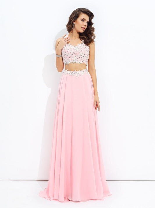 A-line/Princess Straps Applique Sleeveless Long Chiffon Two Piece Dresses DEP0002704