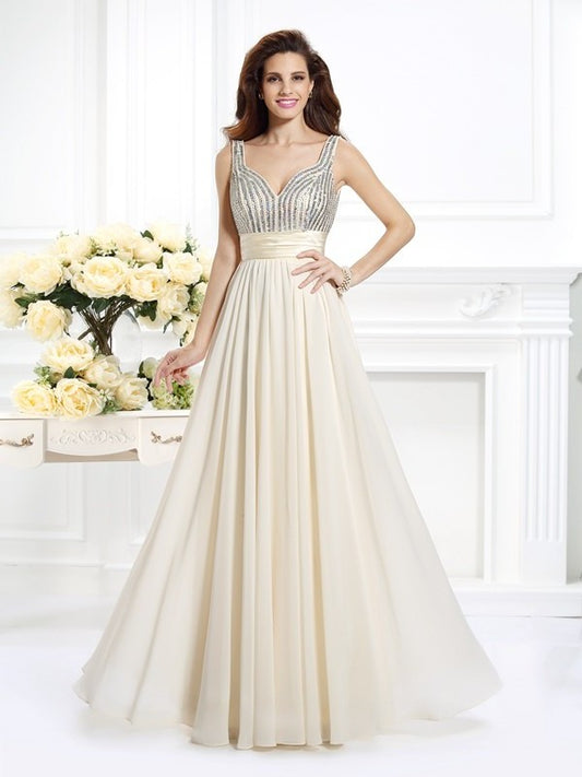 A-Line/Princess Straps Beading Sleeveless Long Chiffon Dresses DEP0003547