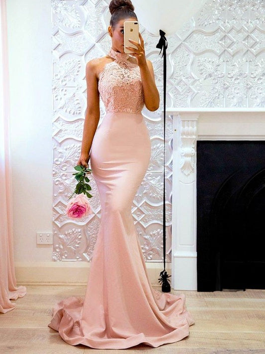 Trumpet/Mermaid Sleeveless Halter Sweep/Brush Train Lace Charmeuse Dresses DEP0002248