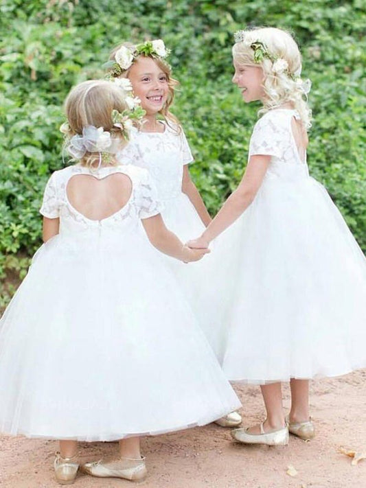 Ball Gown Short Sleeves Scoop Tea-Length Lace Tulle Flower Girl Dresses DEP0007762