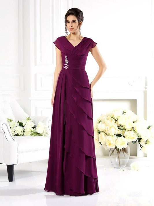 A-Line/Princess V-neck Short Sleeves Long Chiffon Mother of the Bride Dresses DEP0007202