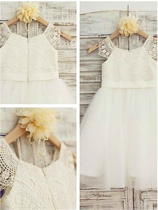 A-line/Princess Scoop Sleeveless Lace Knee-Length Tulle Flower Girl Dresses DEP0007585