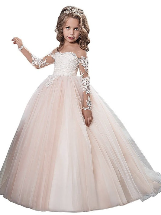 Ball Gown Scoop Long Sleeves Sweep/Brush Train Tulle Flower Girl Dresses DEP0007540