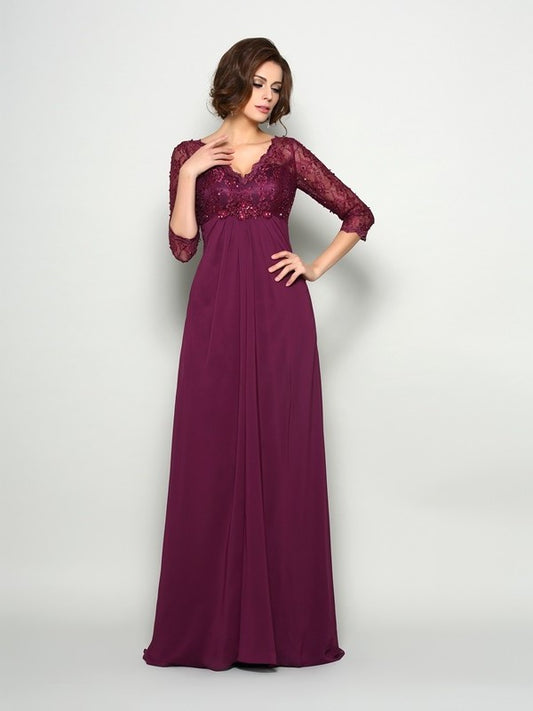 A-Line/Princess V-neck Beading 3/4 Sleeves Long Chiffon Mother of the Bride Dresses DEP0007205