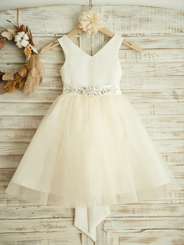 A-Line/Princess Knee-Length V-neck Bowknot Sleeveless Tulle Flower Girl Dresses DEP0007804