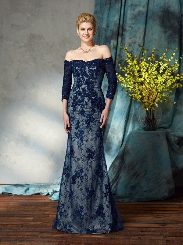 Trumpet/Mermaid Off-the-Shoulder Lace 3/4 Sleeves Long Lace Mother of the Bride Dresses DEP0007206
