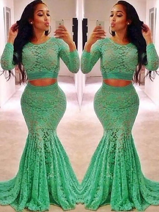 Trumpet/Mermaid Scoop Long Sleeves Lace Ruffles Sweep/Brush Train Two Piece Dresses DEP0002254