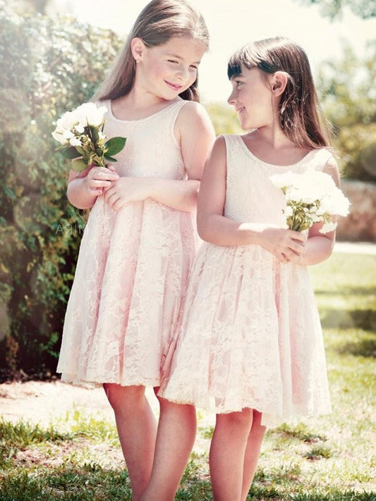 A-Line/Princess Sleeveless Scoop Knee-Length Ruffles Lace Flower Girl Dresses DEP0007591