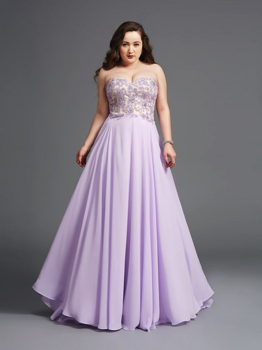 A-Line/Princess Sweetheart Lace Sleeveless Long Chiffon Plus Size Dresses DEP0003605